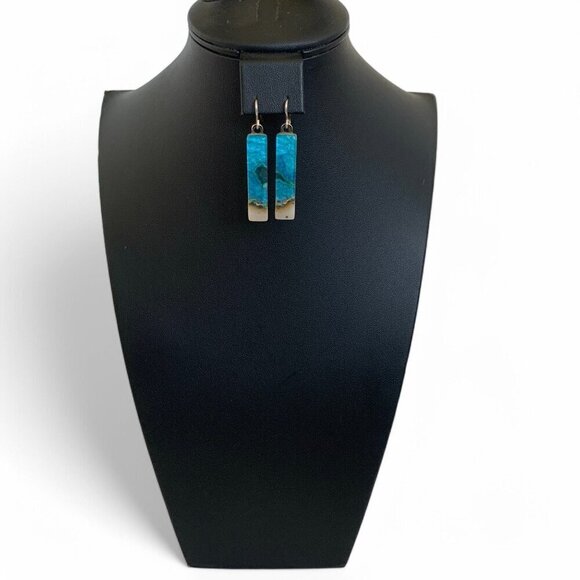 Handcrafted Phoenix Stone Rectangular Drop Earrings Blue Green Silver Hooks - Picture 13 of 14